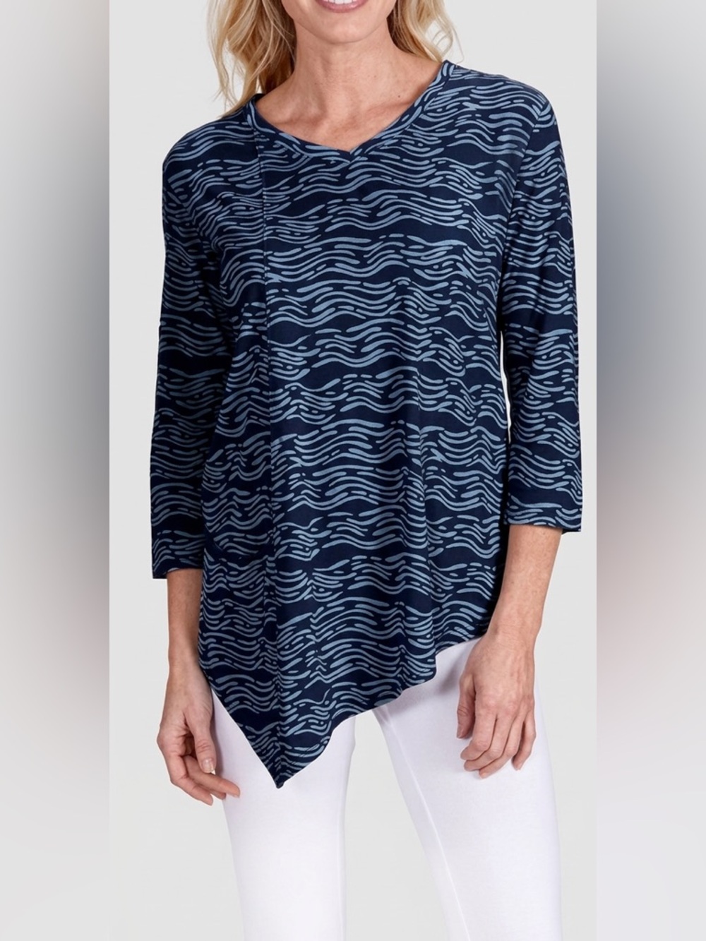 Fresh Produce Blue‎ Cotton Geometric Wave Print Tunic Asymmetrical hem. L USA
